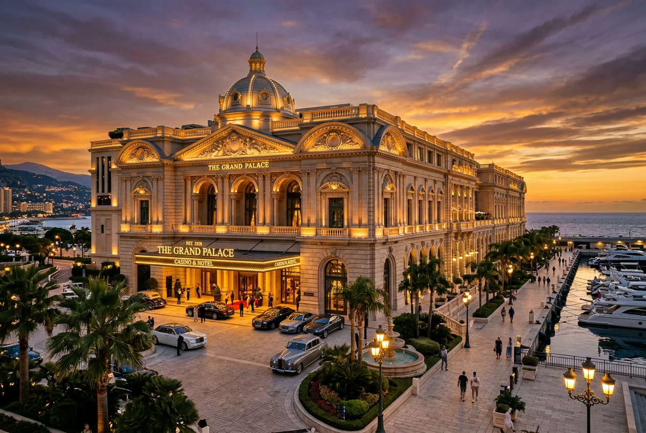 Luxury casino resort exterior at sunset